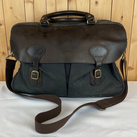 Barbour Wax Leather Briefcase/Laptop Bag - Dark Olive Green/Brown Leather - Picture 1 of 11